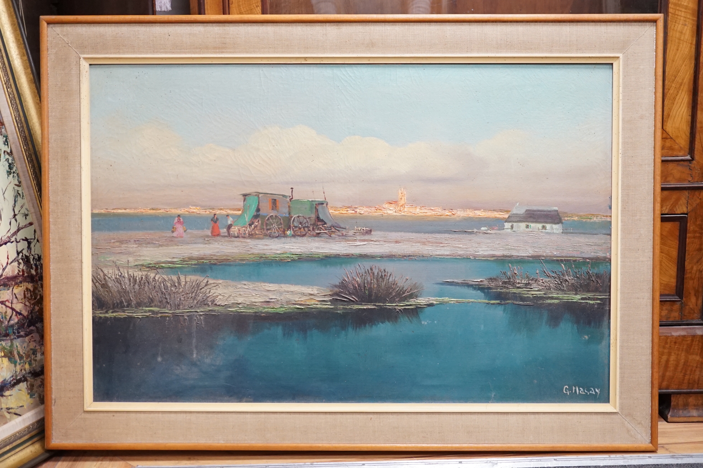 G. Masay, oil on canvas, Camargue coastal landscape, signed, 59 x 91cm